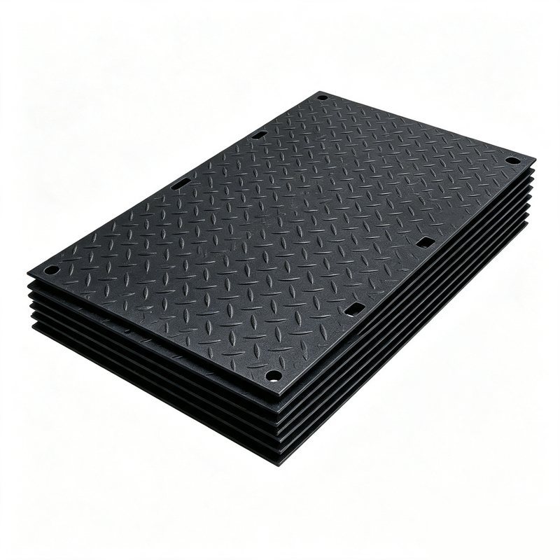 Stack of black HDPE ground protection mats with diamond tread, connector holes and lifting slots