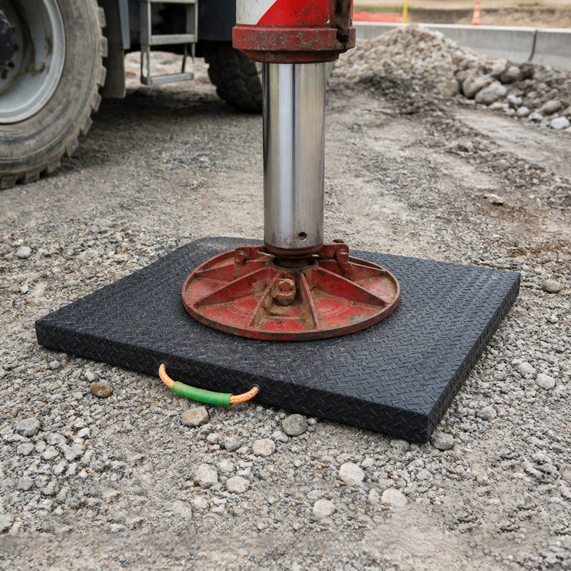 UHMWPE outrigger pad under a crane outrigger leg on a gravel site