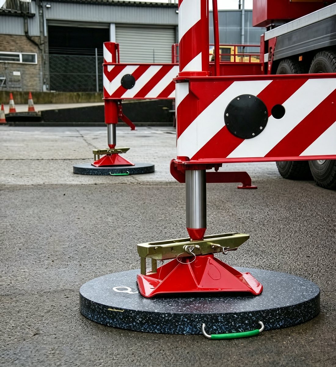 Crane outrigger leg resting on a round UHMWPE outrigger pad